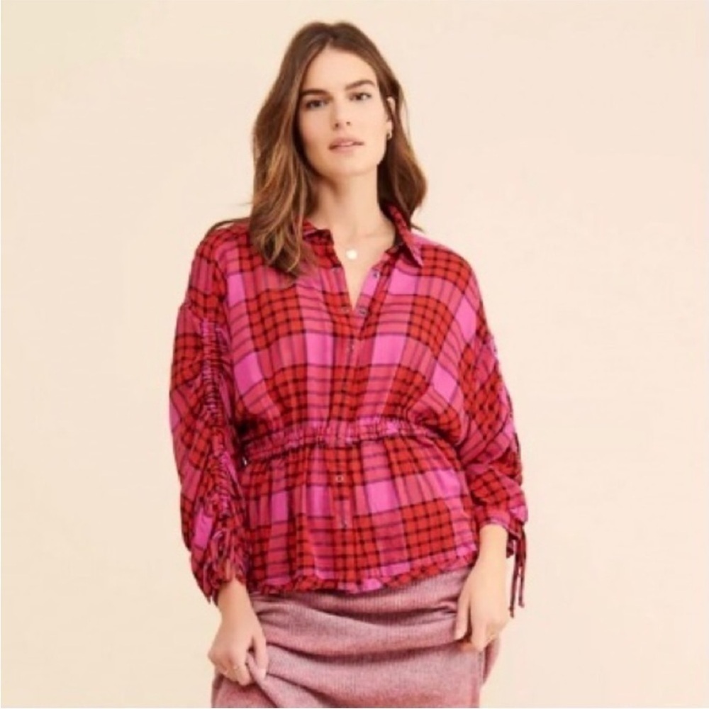 We The Free Pink and Red Plaid Peasant Blouse